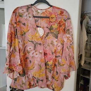 Pink Floral Blouse with Cross Front and Ruffle Sleeves, NWT